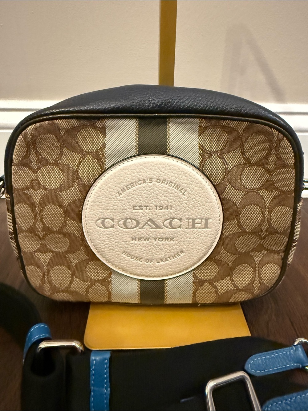 Coach Crossbody Bag in Brown, Black, Cream with Blue Strap Accents - Picture 2 of 9